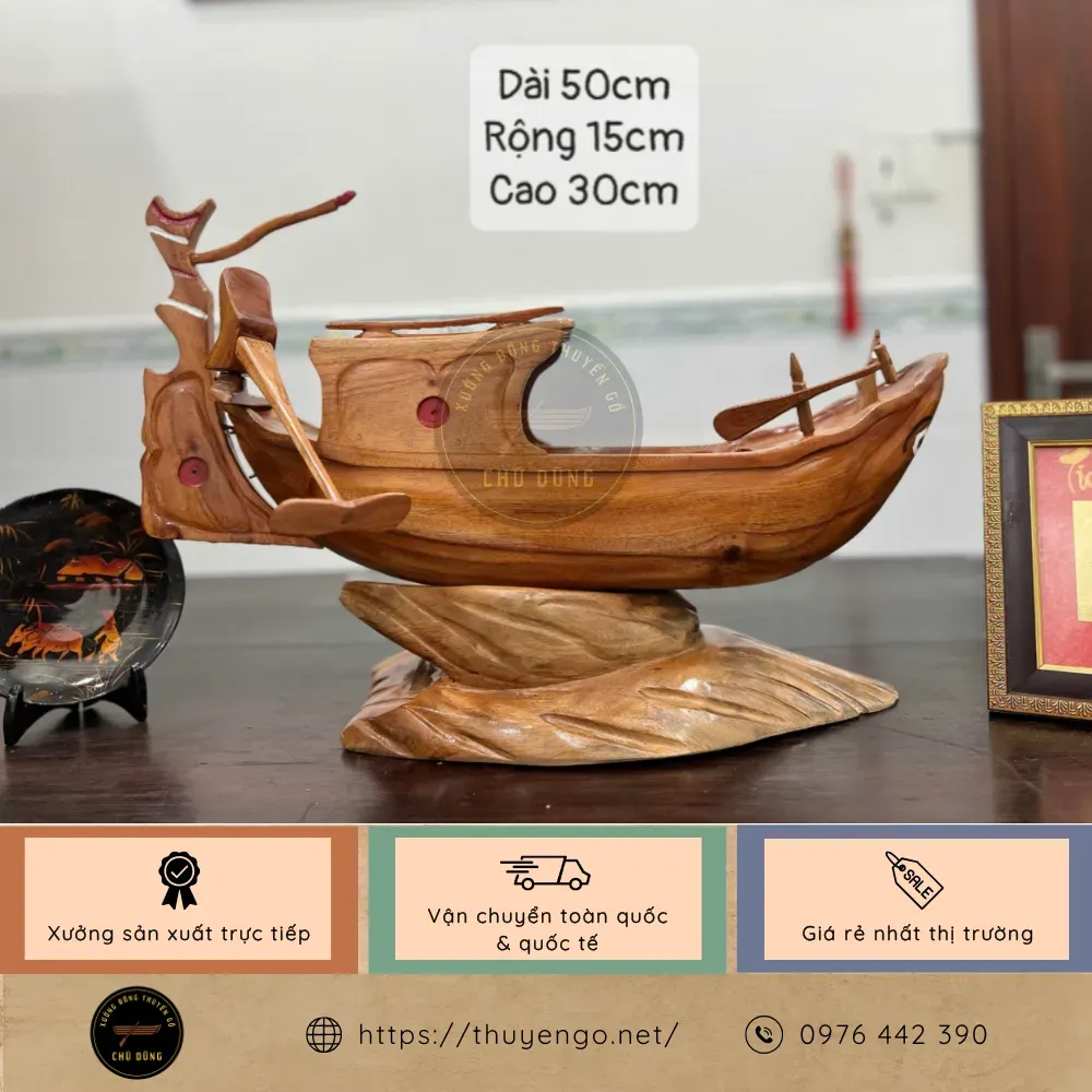 Thuyền gỗ mini 50cm, thuyền gỗ mỹ nghệ trang trí