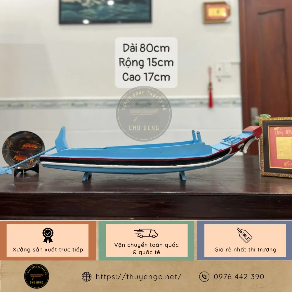 Thuyền gỗ mini 80cm mỹ nghệ màu xanh biển độc đáo