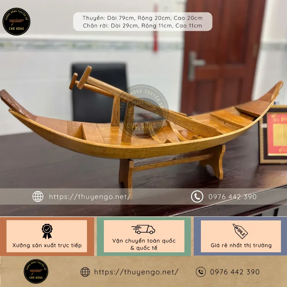 Thuyền gỗ mini 80cm mỹ nghệ trưng bày hoa, trái cây