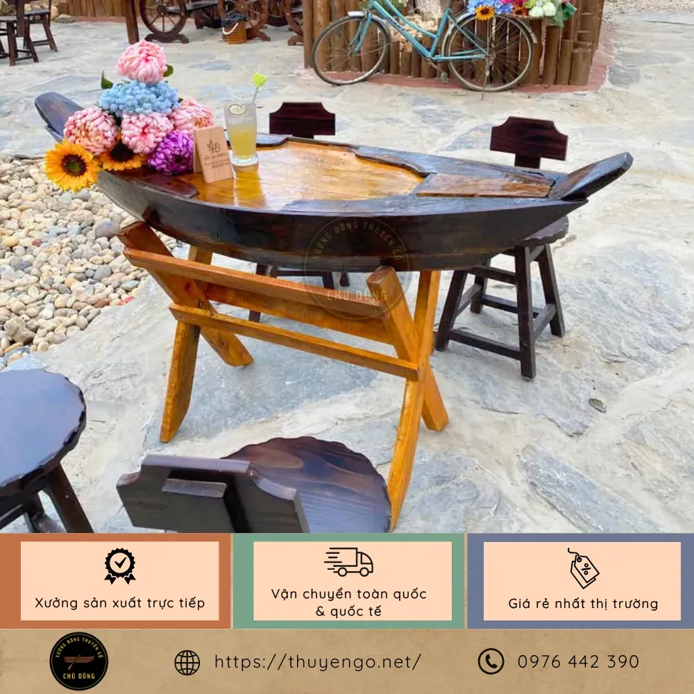 Thuyền gỗ làm bàn dài 1m5 trang trí quán cafe