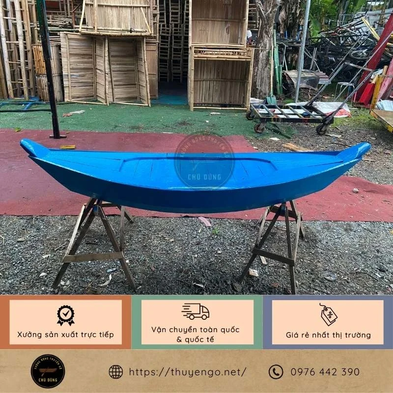 Thuyền gỗ làm bàn dài 2m xanh dương, có mặt đóng và kệ gỗ TG2M-07